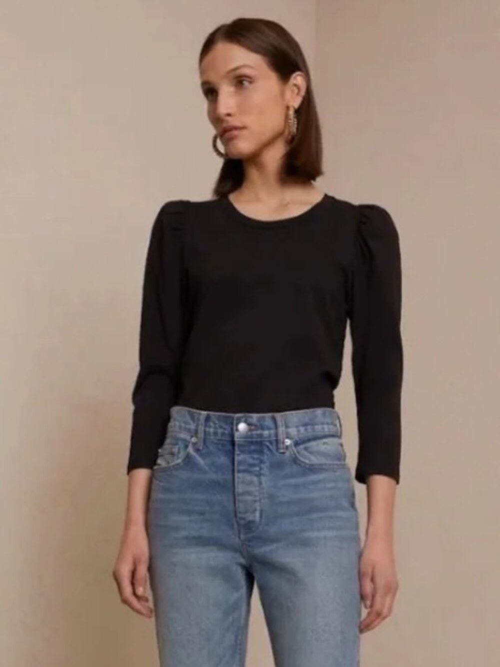 A.L.C. Karlie Black Puff Sleeve Cotton Top Size L